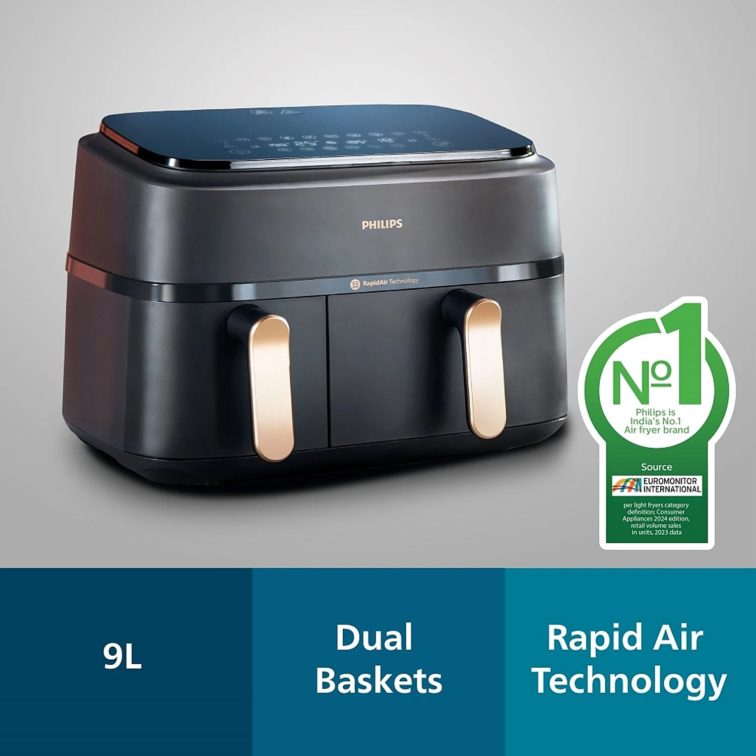 Philips 9L Airfryer with Dual Baskets for Full Tray Cooking & 8 Preset Menus - NA352/00 - Emp - Image 2